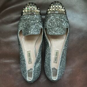 Silver Glitter Printed Studded Miu Miu Loafer az 38